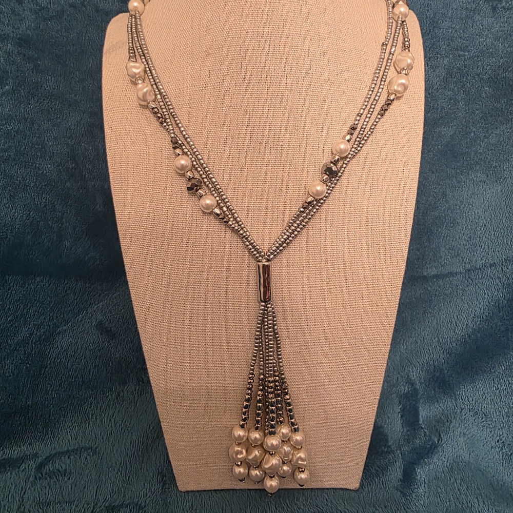 Chico's Silver and Pearl Tassel Necklace
